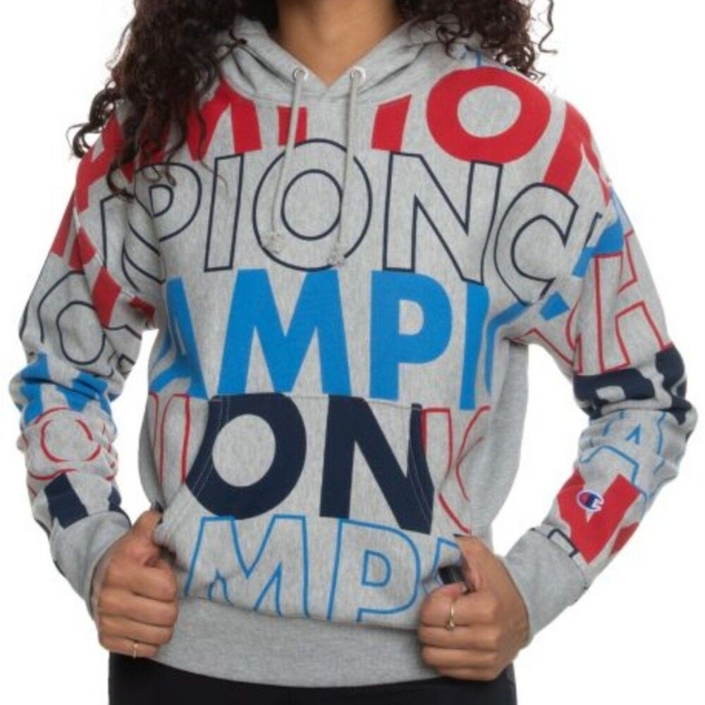Champion Women's Sz XS Reverse Weave Allover Logo Print Hoodie Gray